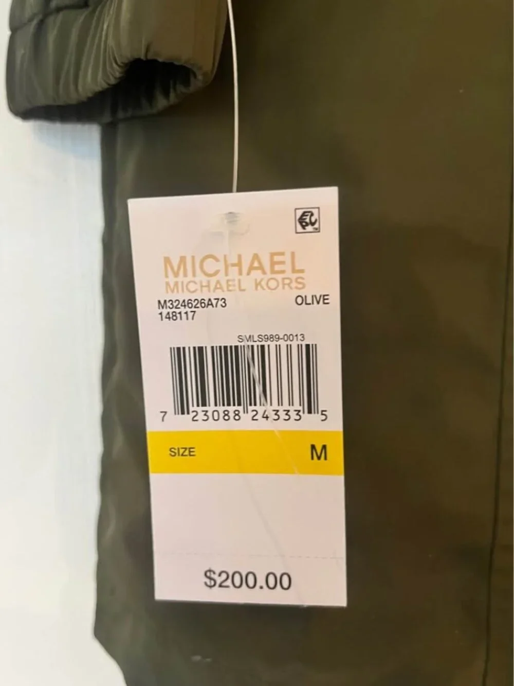 Michael Kors hooded jacket olive green silver buttons cinch waist